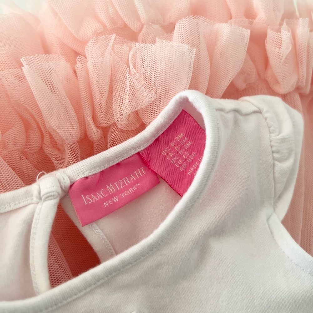 Isaac Mizrahi Peach Tulle Easter Ruffle Dress w/ Bunnies | Baby Girl 0-3 Months - Picture 2 of 8